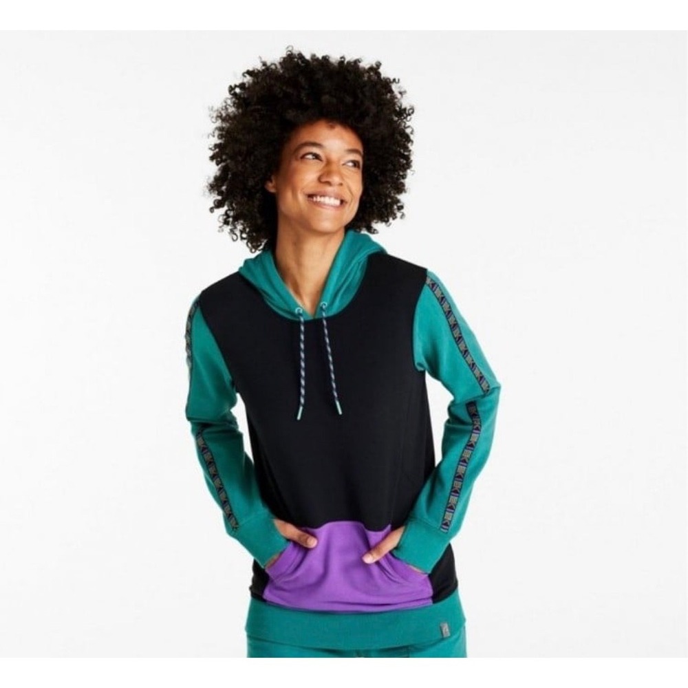 LL Bean Womens Colorblock Hoodie Black Teal Purple Geometric Trim M REG 518382